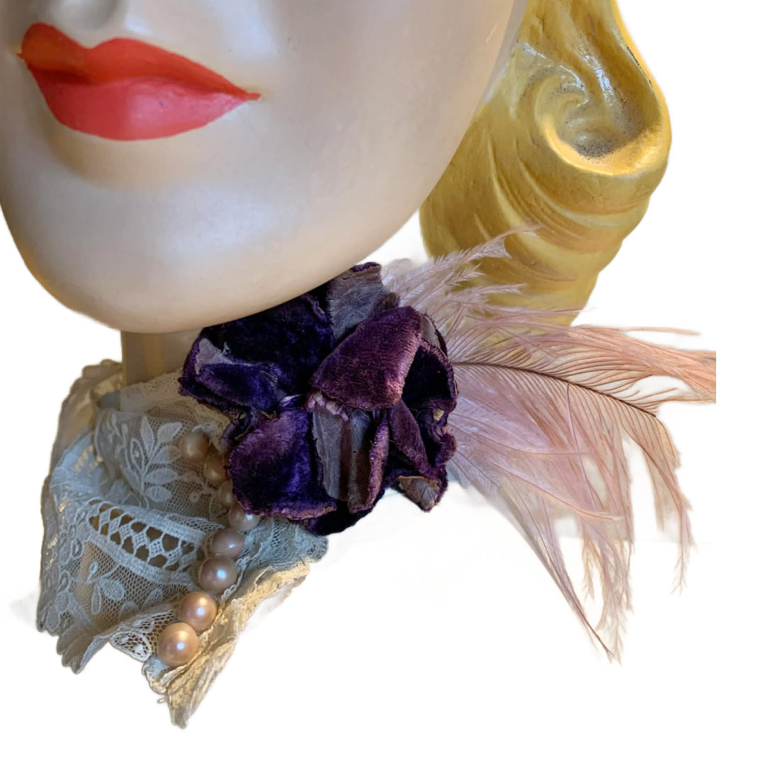 Miss Lala Antique Lace and Ribbon Neckpiece with Velvet Flower and Feather