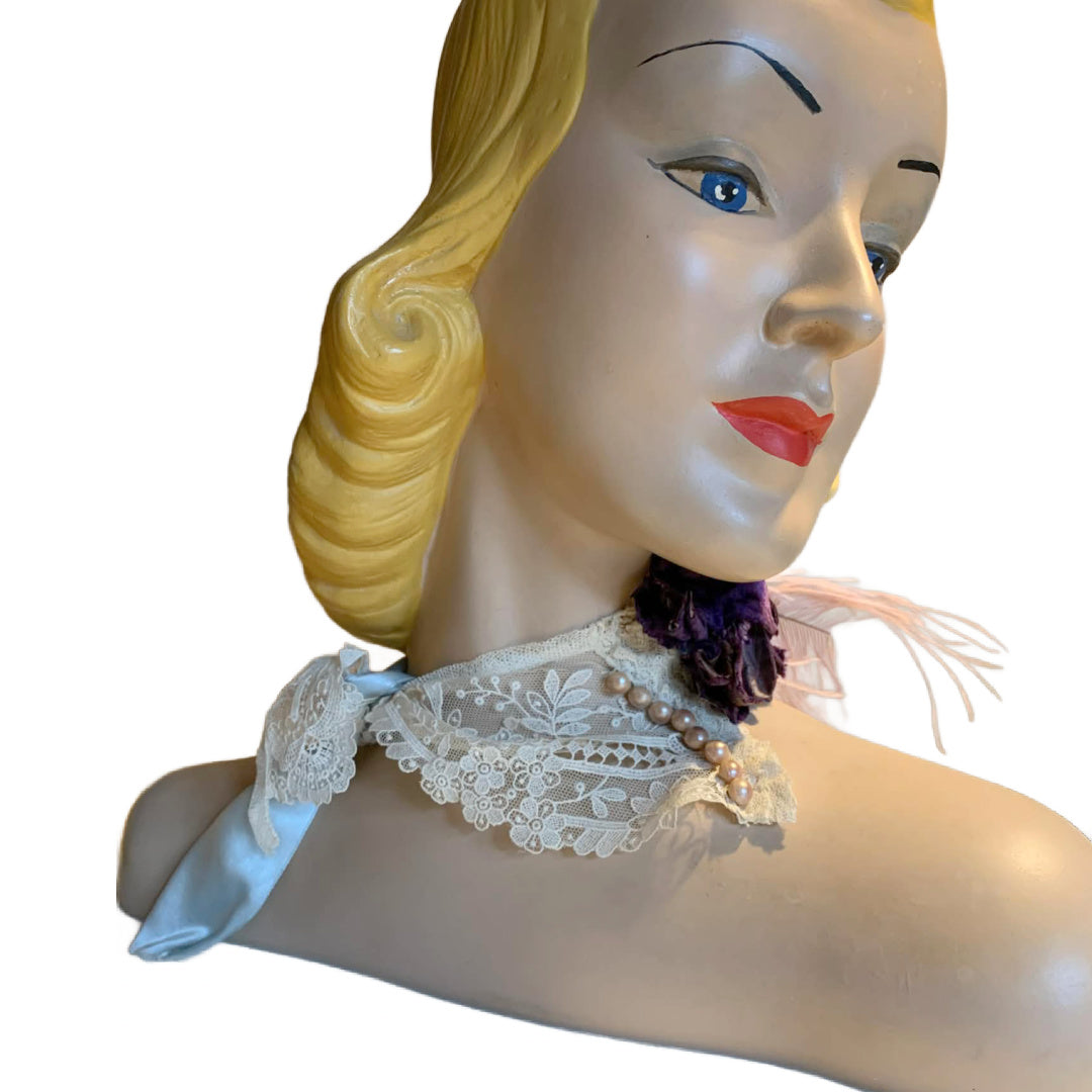 Miss Lala Antique Lace and Ribbon Neckpiece with Velvet Flower and Feather