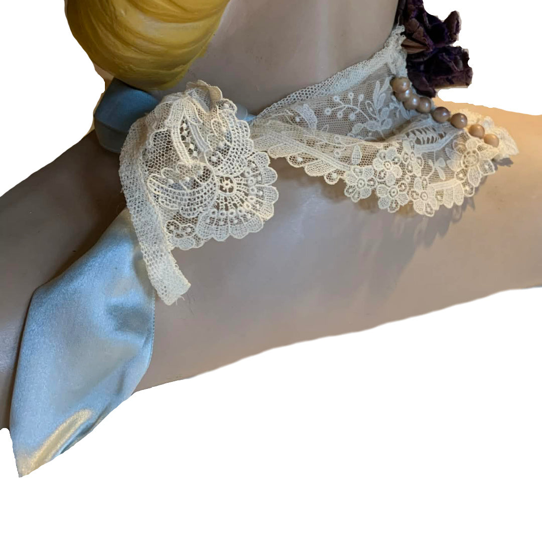 Miss Lala Antique Lace and Ribbon Neckpiece with Velvet Flower and Feather
