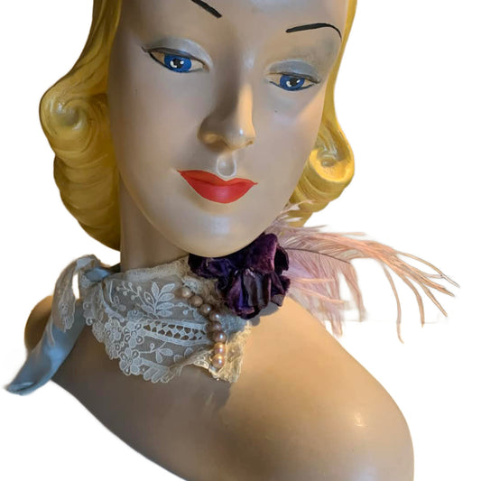 Miss Lala Antique Lace and Ribbon Neckpiece with Velvet Flower and Feather