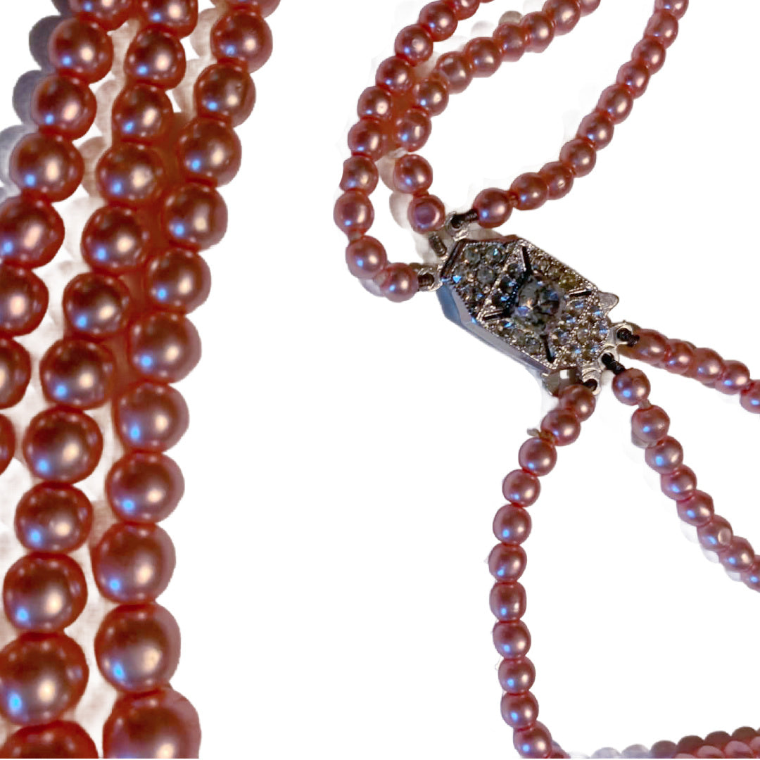 Triple Strand Pink Faux Pearl Necklace circa 1940s