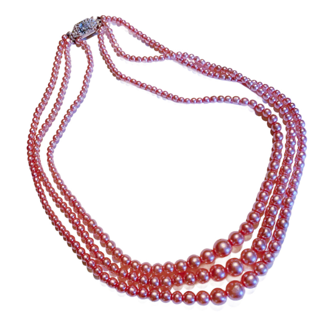 Triple Strand Pink Faux Pearl Necklace circa 1940s