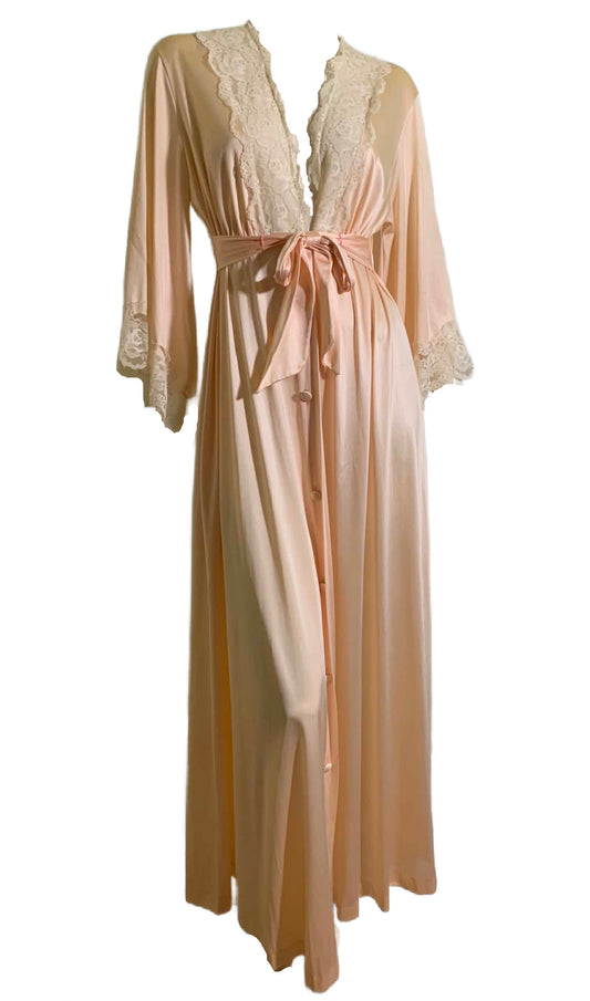 Dreamy Pale Pink Nylon Dressing Gown Robe Lace Trim Batwing Sleeves circa 1980s