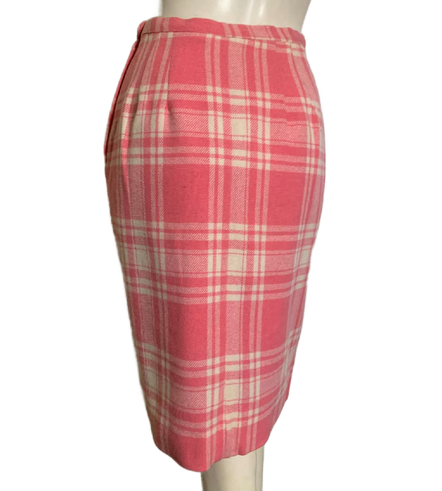 Peony Pink Plaid Wool Pencil Skirt circa 1960s
