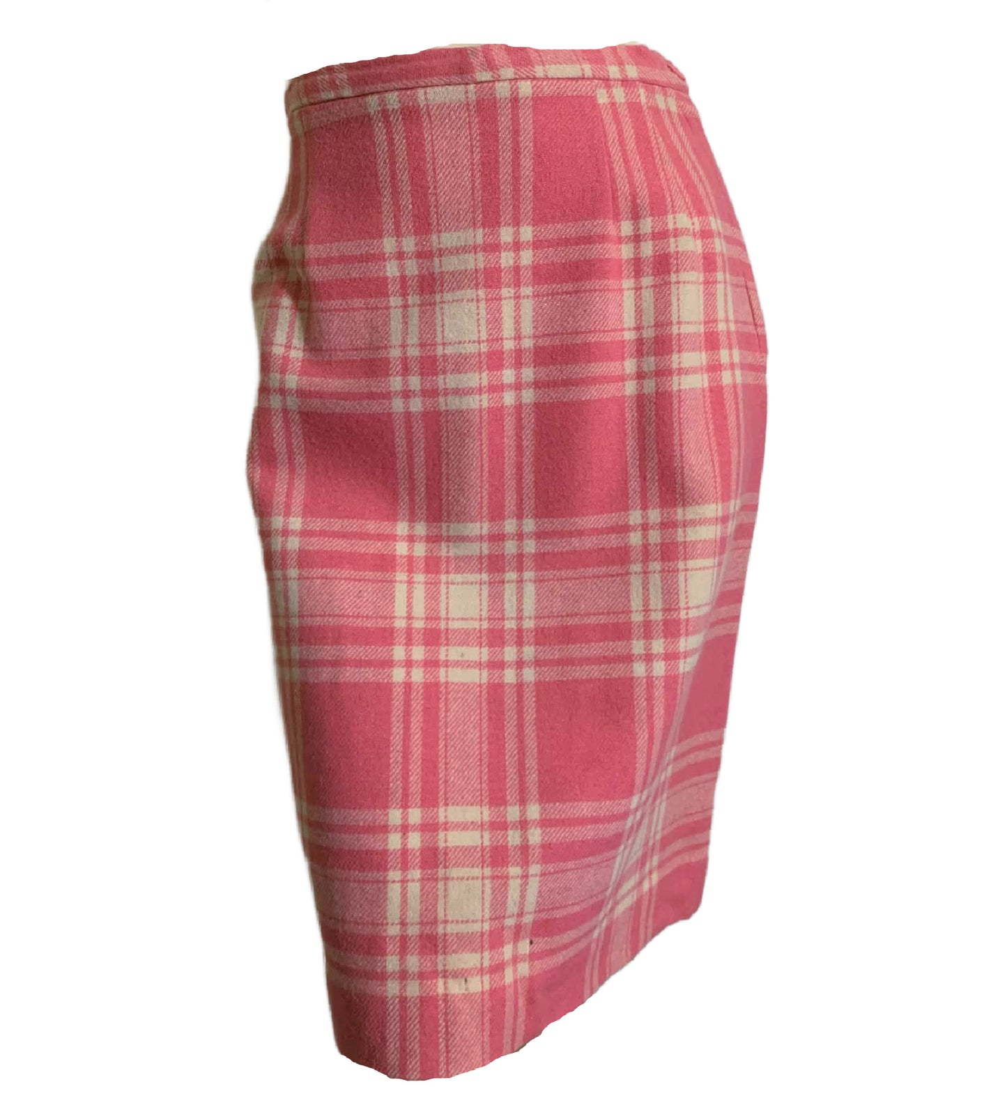 Peony Pink Plaid Wool Pencil Skirt circa 1960s