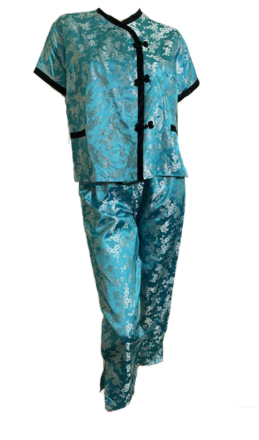 Silver and Blue Asian Style 2 Pc Pajama Set circa 1960s