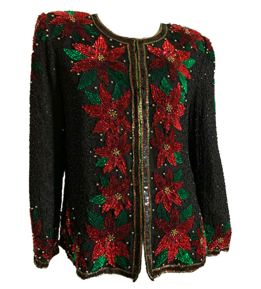 Christmas Glamour Beaded and Sequined Poinsettia Design Jacket circa 1980s