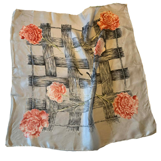 Pink Carnation and Fence Print Silk Scarf circa 1950s