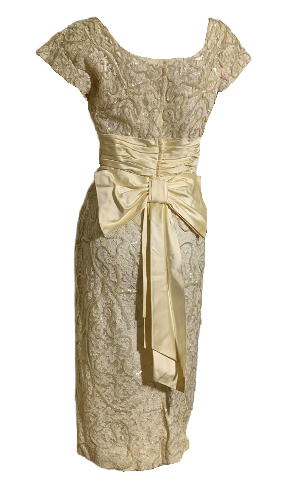 Pale Ivory Lace and Sequin Cocktail Dress with Satin Waist and Bow Back circa 1950s