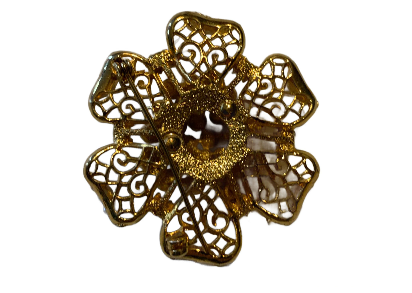 Golden Flower Brooch with Faux Pearls circa 1960s