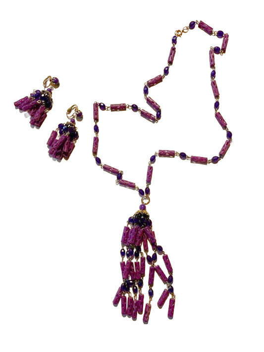 Pretty Shades of Purple Plastic Tassel Necklace and Clip Earrings circa 1960s