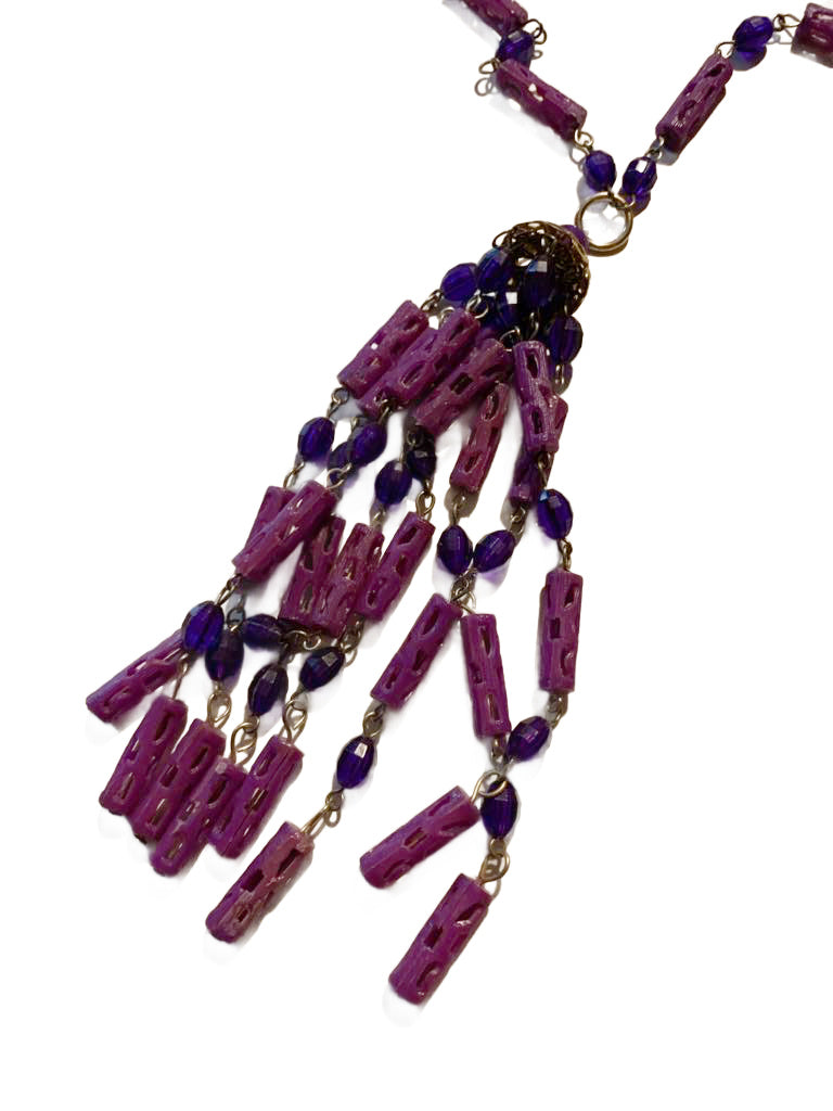 Pretty Shades of Purple Plastic Tassel Necklace and Clip Earrings circa 1960s