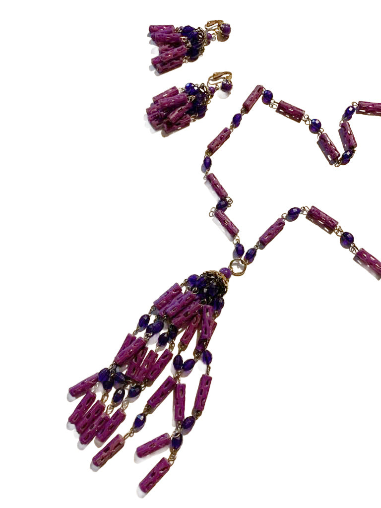 Pretty Shades of Purple Plastic Tassel Necklace and Clip Earrings circa 1960s