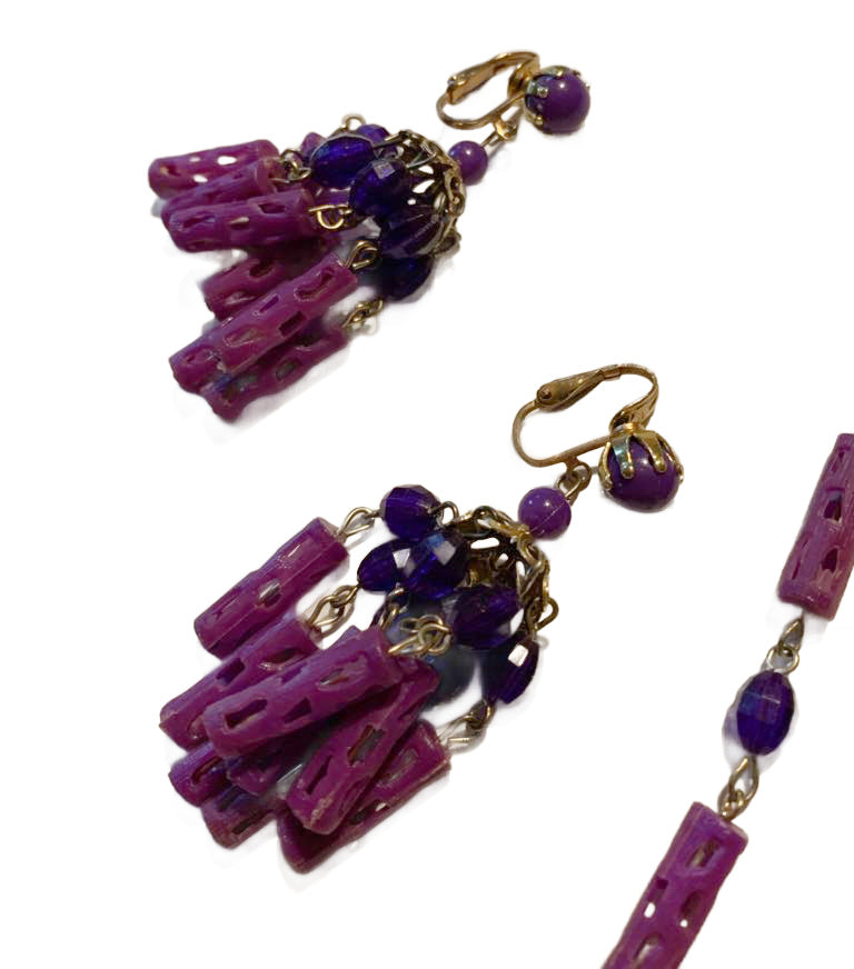 Pretty Shades of Purple Plastic Tassel Necklace and Clip Earrings circa 1960s