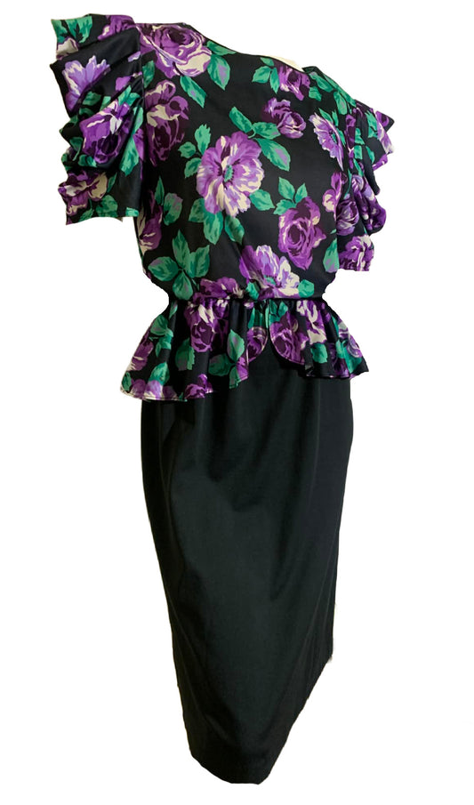 Purple Rose Print Jersey Nylon Peplum Dress Ruched Sleeves circa 1980s