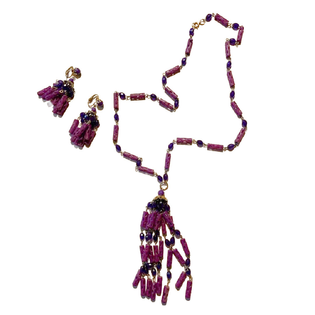 Pretty Shades of Purple Plastic Tassel Necklace and Clip Earrings circa 1960s