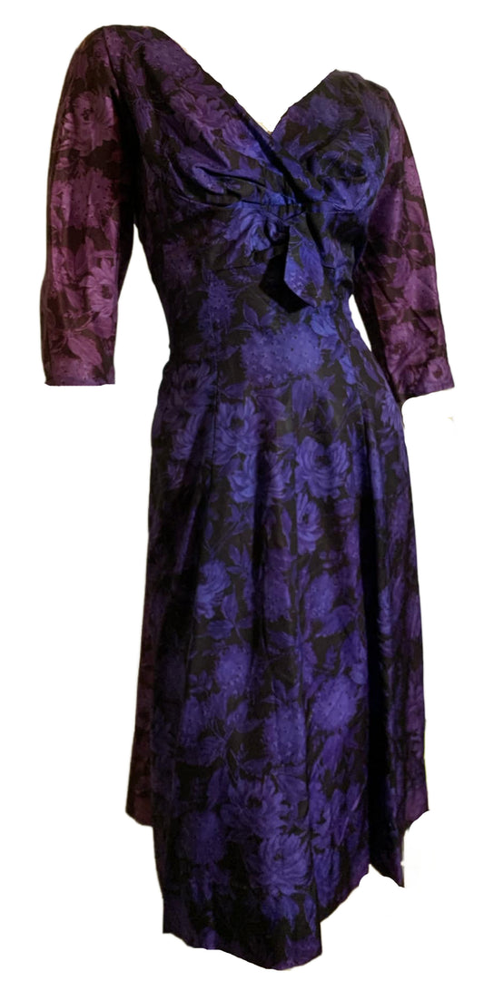 Ombré Faded Purple Floral Print Cocktail Dress circa 1960s