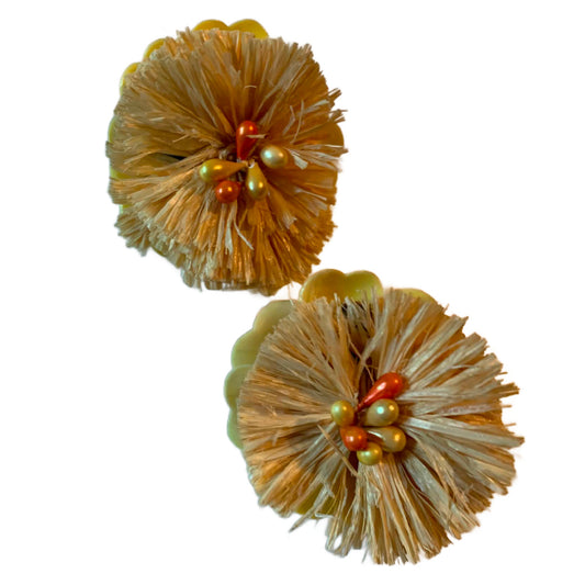 Yellow Celluloid and Natural Raffia Flower Earrings circa 1940s