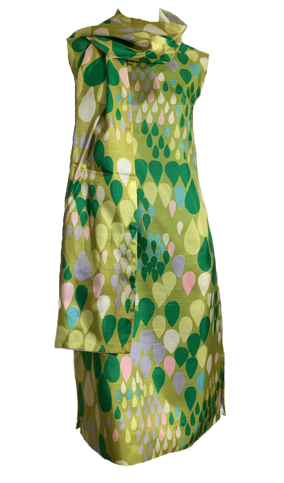 Pastel Raindrop Print Sheath Dress with Sash circa 1960s