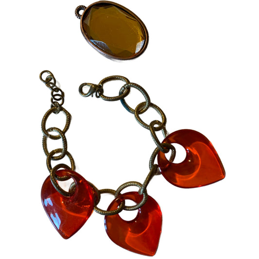 Chunky Charm Style Bracelet with Orange Dangles and Topaz Colored Bird Pendant Lot circa 1990s