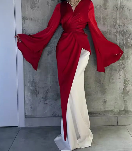 Constance- the Hollywood Glam Red and White Satin Evening Gown