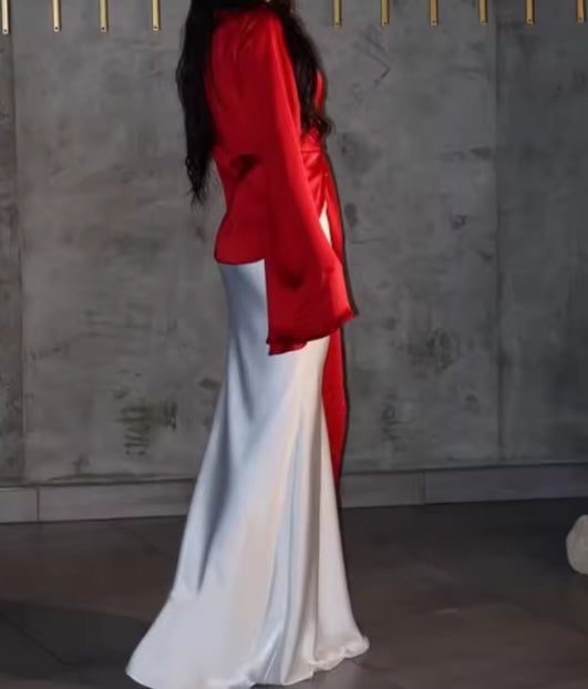 Constance- the Hollywood Glam Red and White Satin Evening Gown