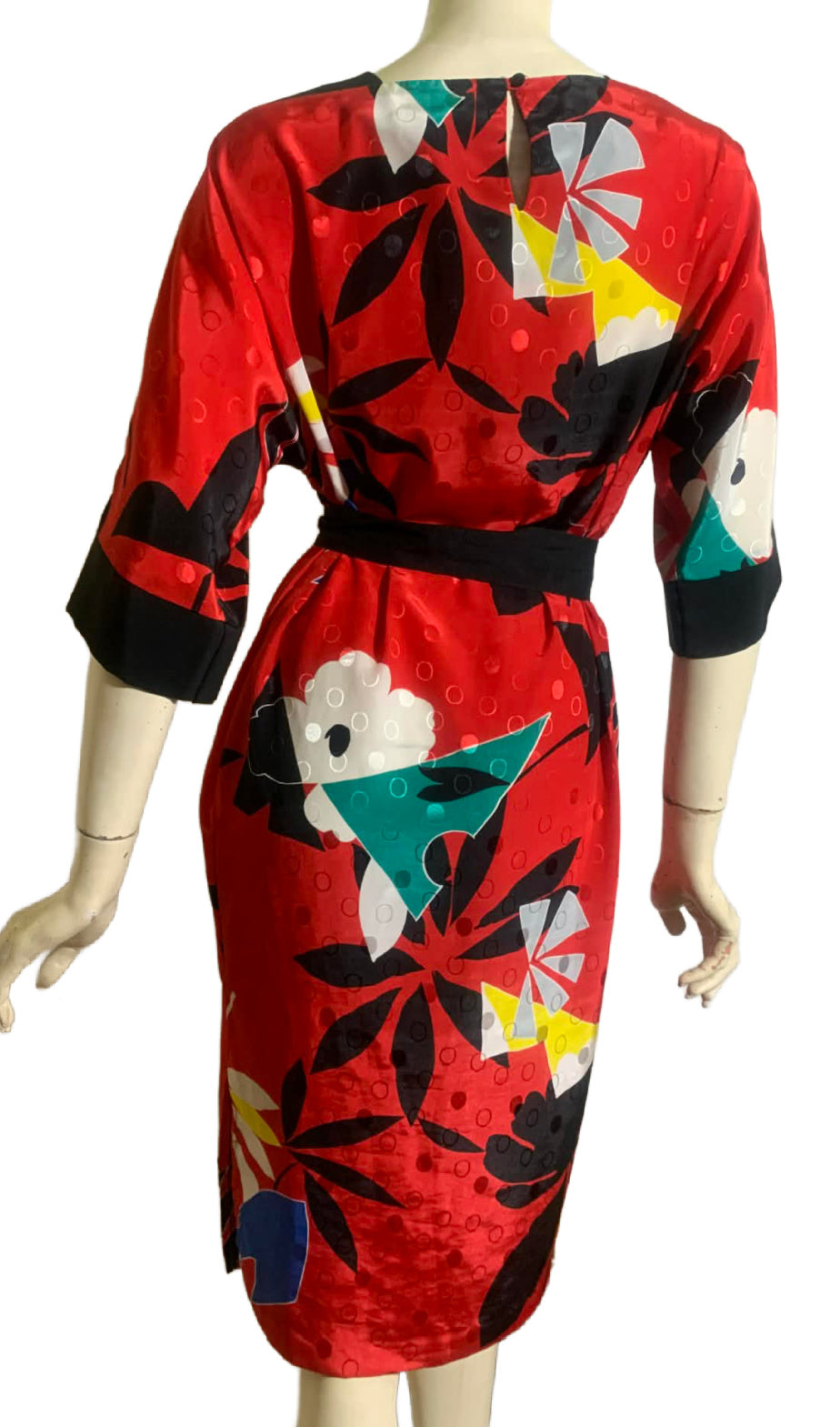 RESERVED Bold Floral Print Red Dress with Sash circa 1980s