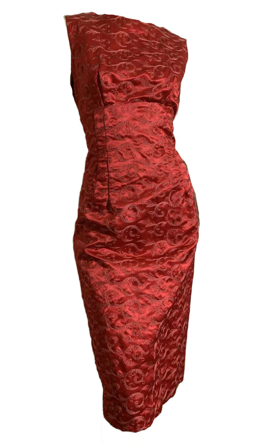 Red Embroidered Slinky Satin Sheath Dress circa 1960s