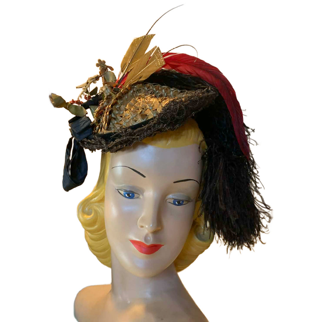 Little Foxes Plumed Straw Peaked Victorian Reimagined Antique Hat