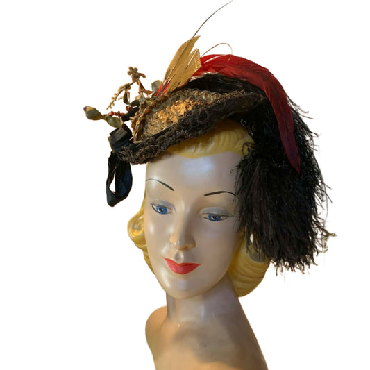 Little Foxes Plumed Straw Peaked Victorian Reimagined Antique Hat