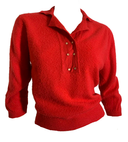 RESERVED Melon Red Wool Fur Blend Collared Sweater circa 1960s