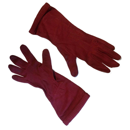 Deep Red Ribbed Nylon Gloves circa 1940s