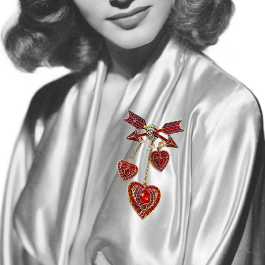 Romantic Dangling Hearts and Arrows Rhinestone Brooch 3 Colors