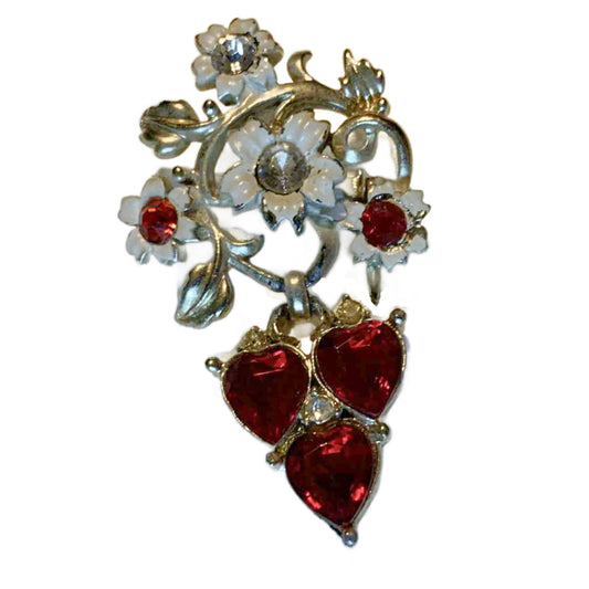 Romantic Red Heart Rhinestone Dangle Floral Brooch circa 1950s