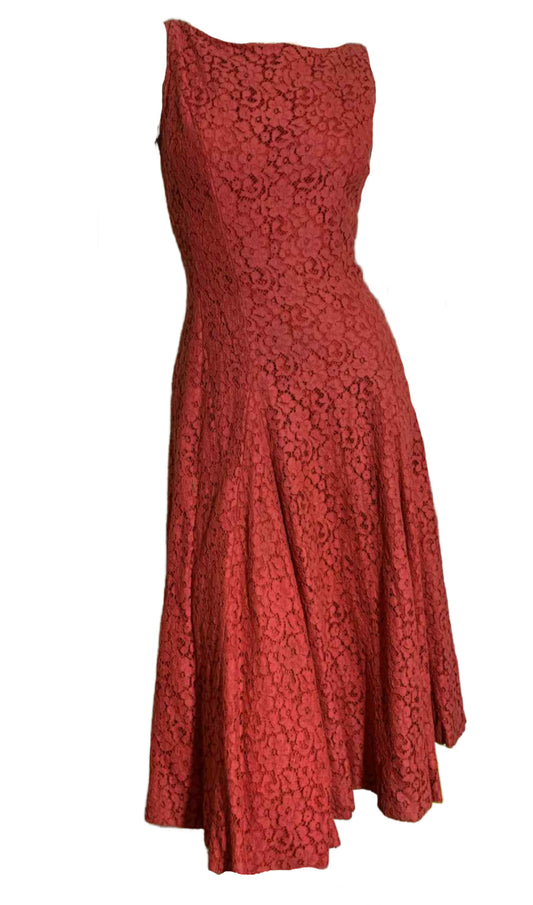 PInk-Red All Lace Princess Seamed Dress circa 1960s