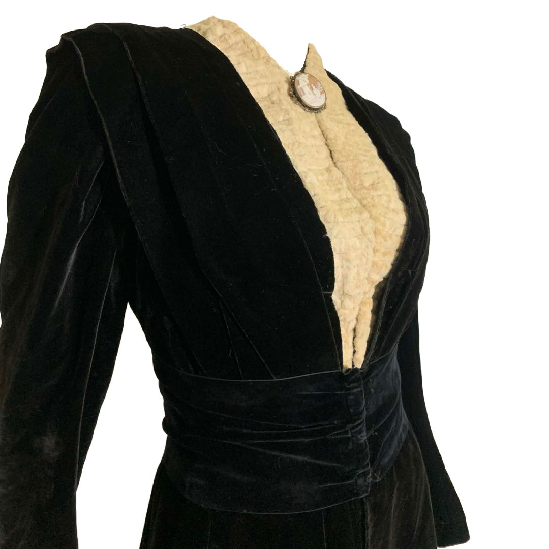 Black Velvet and Sculpted Fur Coat Slit Back circa 1890s