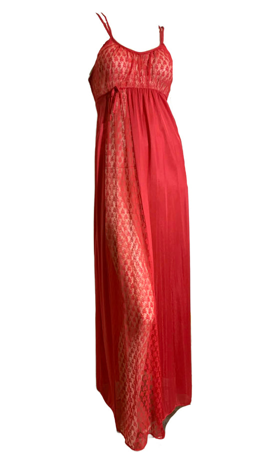 Lipstick Red Nylon and Lace Empire Waist Nightgown circa 1970s