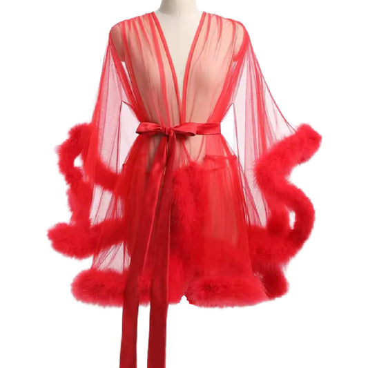 Hester- the Feather Trimmed Sheer Shorty Robe 4 Colors