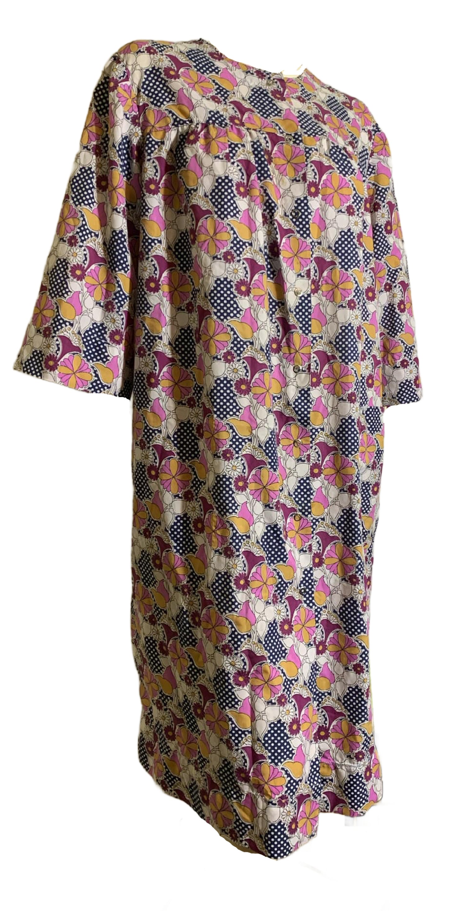 Purple and Orange Psychedelic Floral Print Cotton Smock Dress circa 1970s