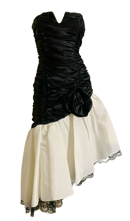 Strapless Ruched Bodice Party Dress with Lace Trimmed Asymmetrical Skirt circa 1980s