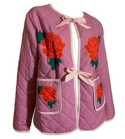 Roses are Red Pink Quilted Jacket with Roses and Gingham Ties Modern