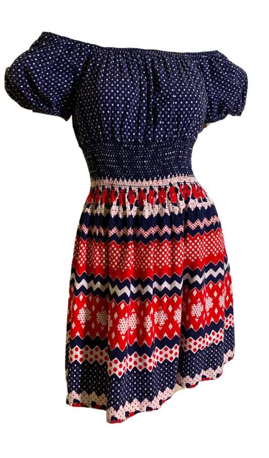 Perky Little Red White and Blue Smocked Bodice Mini Dress circa 1970s