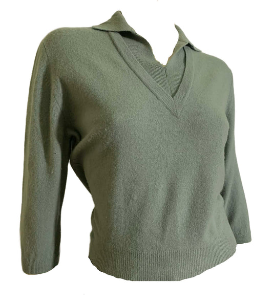 RESERVED Sage Green Orlon Sweater Notched Neckline circa 1960s