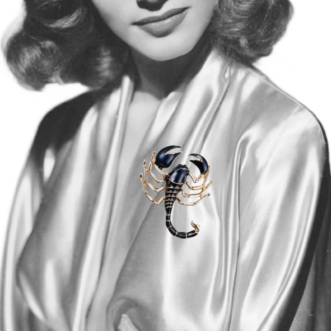 Sultry Black Scorpion Enameled Metal Brooch 1940s Inspired