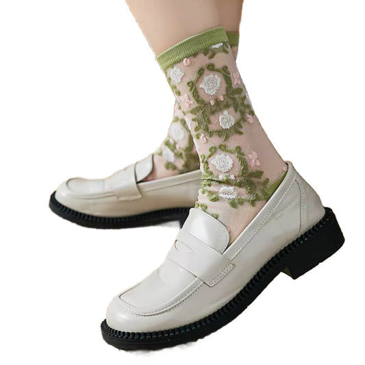 Glassine- the Sheer Pastel Floral Embroidered Socks Collection