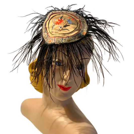 Peiping Station- the Antique Embroidered Asian Silk Textile and Feathers Fascinator Hat
