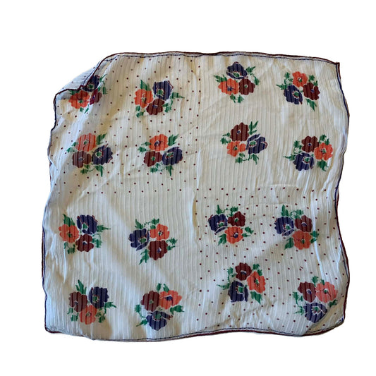 Burgundy, Blue and Salmon Pink Floral White Silk Handkerchief circa 1940s