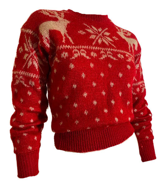 Red and White Intarsia Knit Ski Sweater with Reindeer and Bows circa 1940s