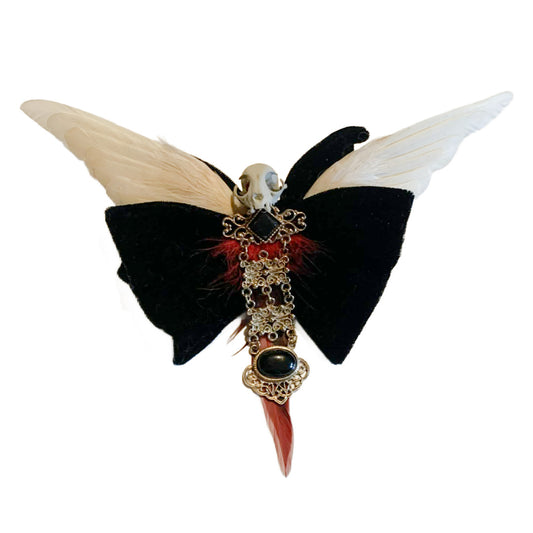 Hellegance Reimagined Black Velvet 1970s Clip on Bow Tie Antique Bird Wings and Skull