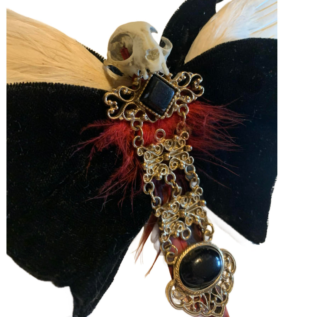 Hellegance Reimagined Black Velvet 1970s Clip on Bow Tie Antique Bird Wings and Skull